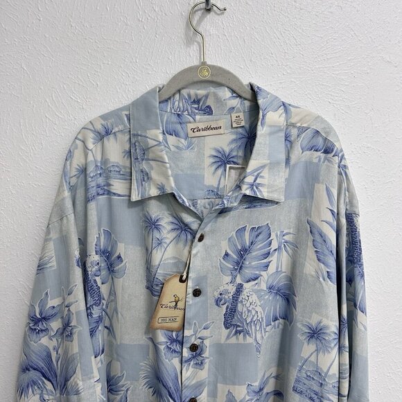 Caribbean Shirt Mens Sz 4XB Blue White Palm Leaves Silk Blend Hawaiian Button-Up - Picture 2 of 10